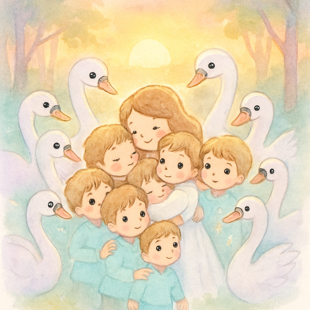 해질녘 백조들이 돌아와 사람으로 변하고 공주와 오빠들이 재회하는 감동적인 장면